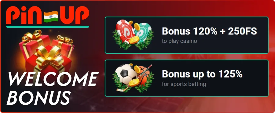 Pin-Up welcome bonus banner: 120% + 250 free spins for casino, up to 125% for sports